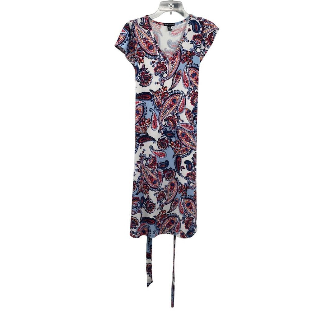 Nina Leonard Womens Paisley Dress Short Sleeve Belted Below Knee Size Small